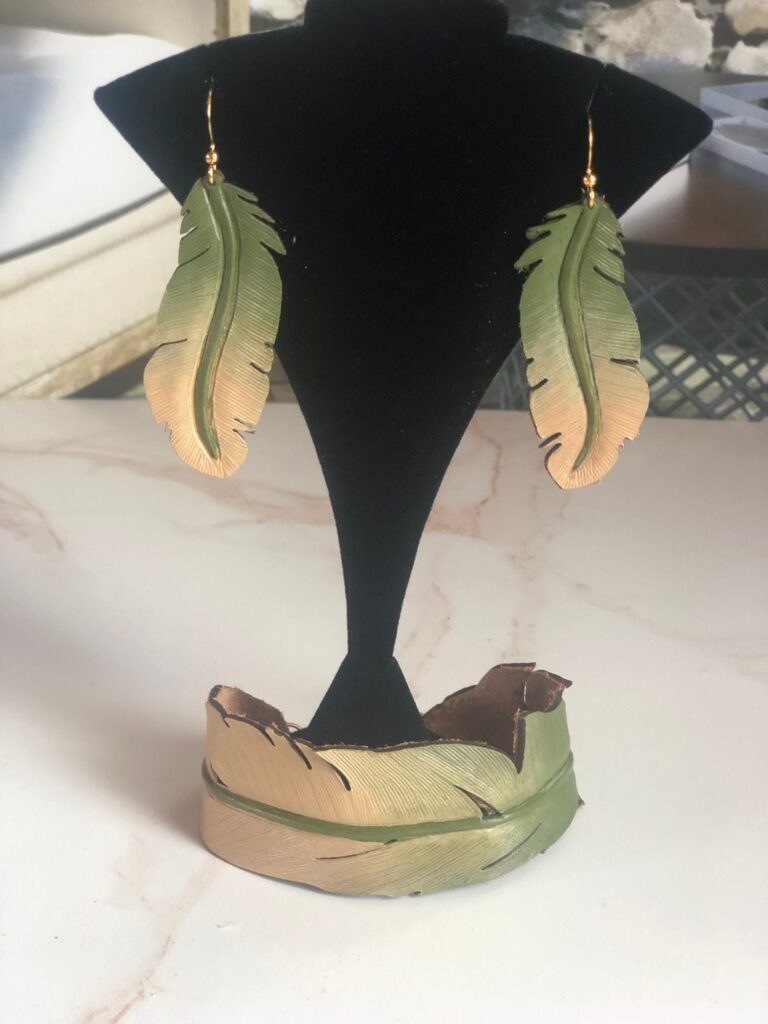 Western Leather Feather Earrings: Hand-Painted Green & Beige