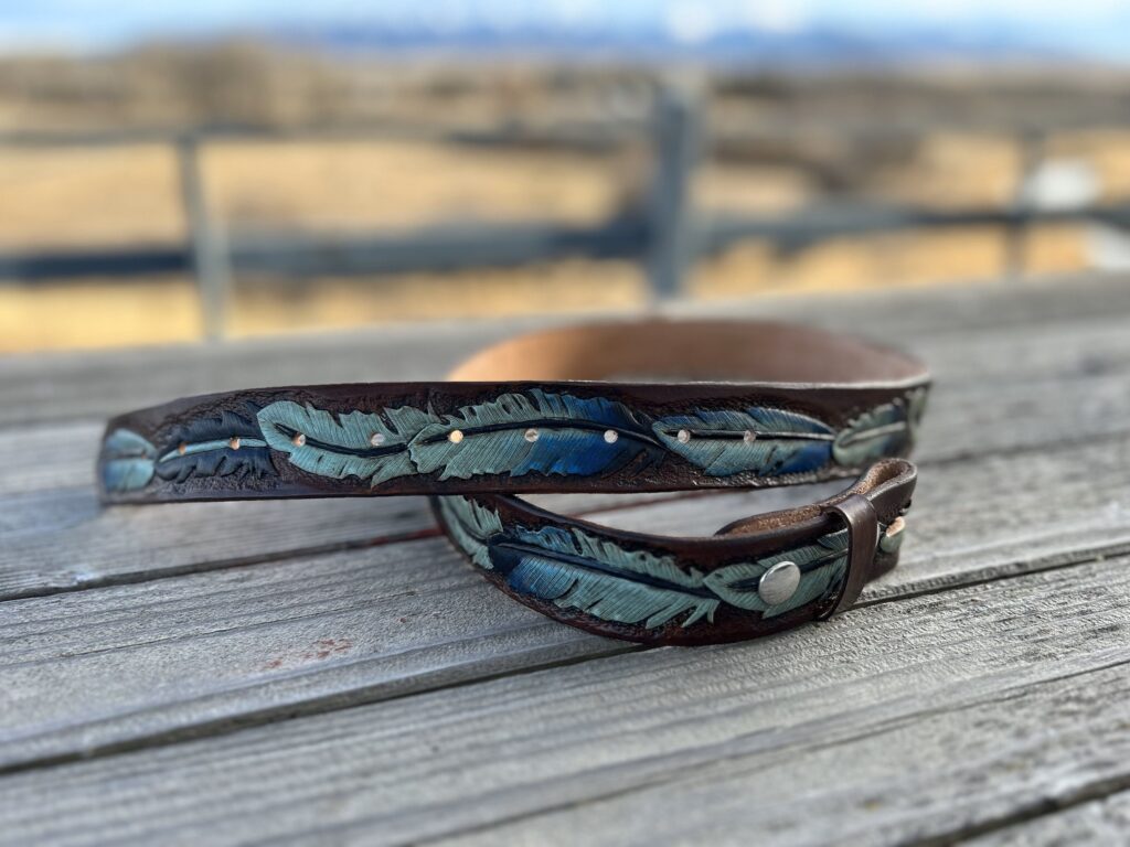 Hand Tooled Leather Belt Handmade in USA, Western Style, Feather Design, Personalized Engraving, Blue Women Leather Belt
