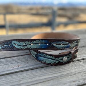 Hand Tooled Leather Belt Handmade in USA, Western Style, Feather Design, Personalized Engraving, Blue Women Leather Belt