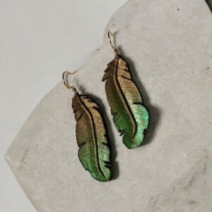 Emerald Green Leather Feather Earrings: Hand-Painted Western Jewelry