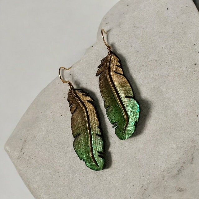 Emerald Green Leather Feather Earrings: Hand-Painted Western Jewelry