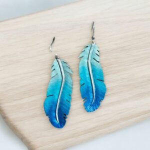 Handmade Leather Feather Earrings: Ombre Blue Western Jewelry