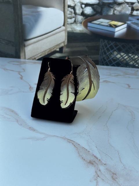 Western Leather Feather Earrings: Hand-Painted Bronze & Yellow - Image 7