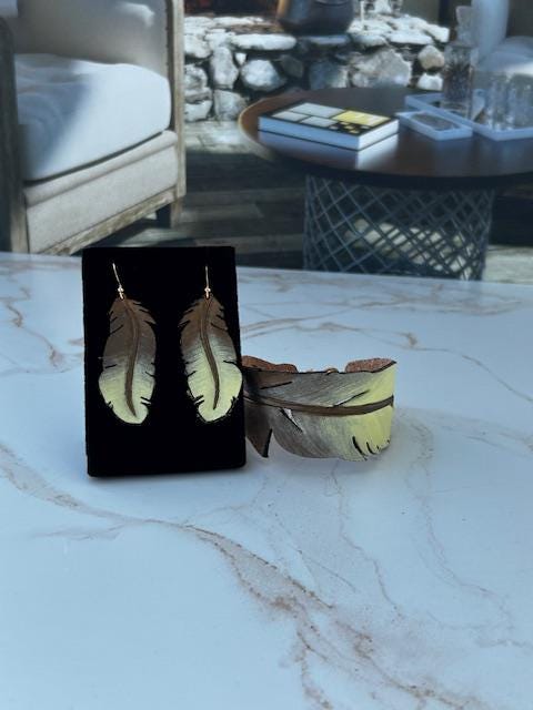 Western Leather Feather Earrings: Hand-Painted Bronze & Yellow - Image 6