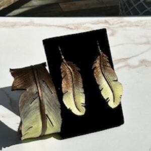 Western Leather Feather Earrings: Hand-Painted Bronze & Yellow