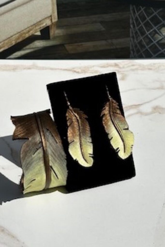 Western Leather Feather Earrings: Hand-Painted Bronze & Yellow