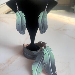 Hand Painted Leather Feather Earrings: Mint & Gunmetal Glitter