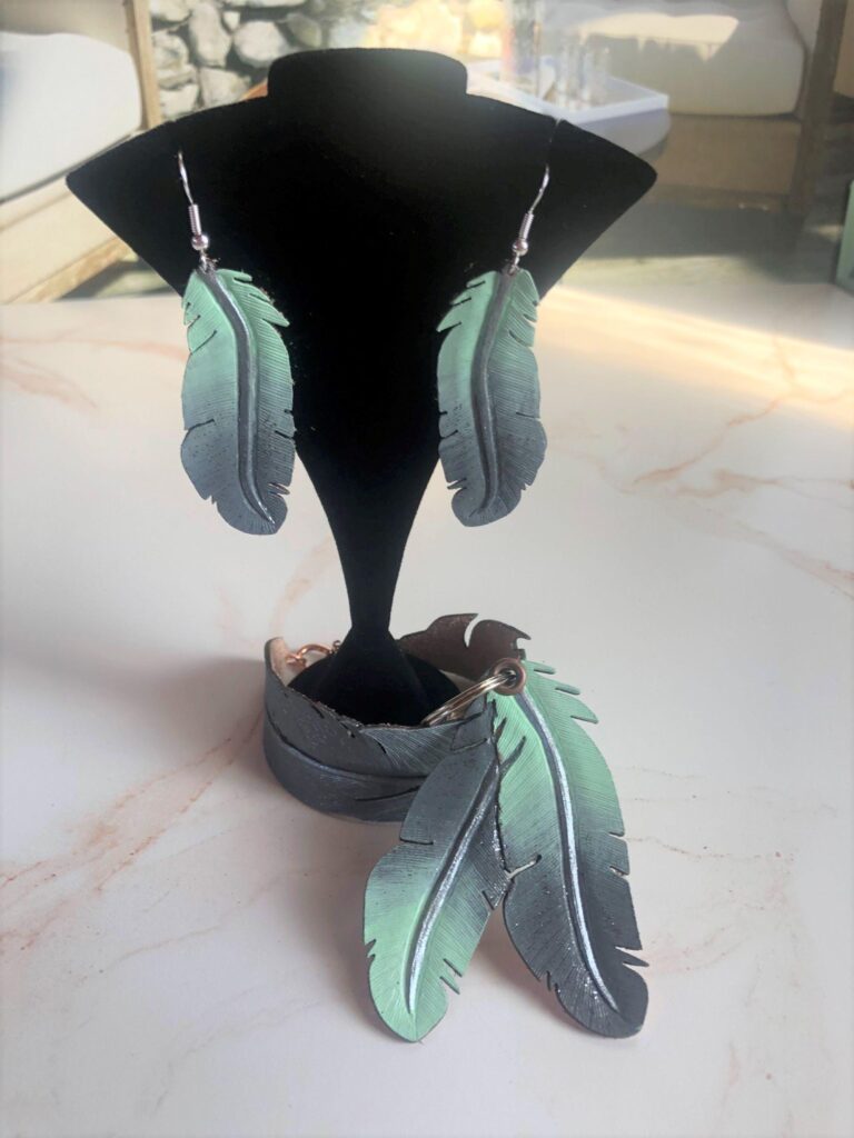 Hand Painted Leather Feather Earrings: Mint & Gunmetal Glitter