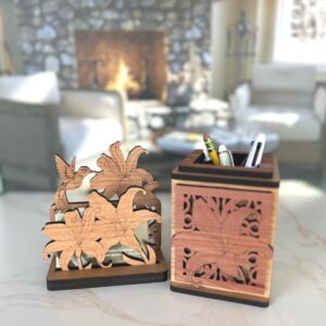 Wood Hummingbird Business Card & Pen Holder Set