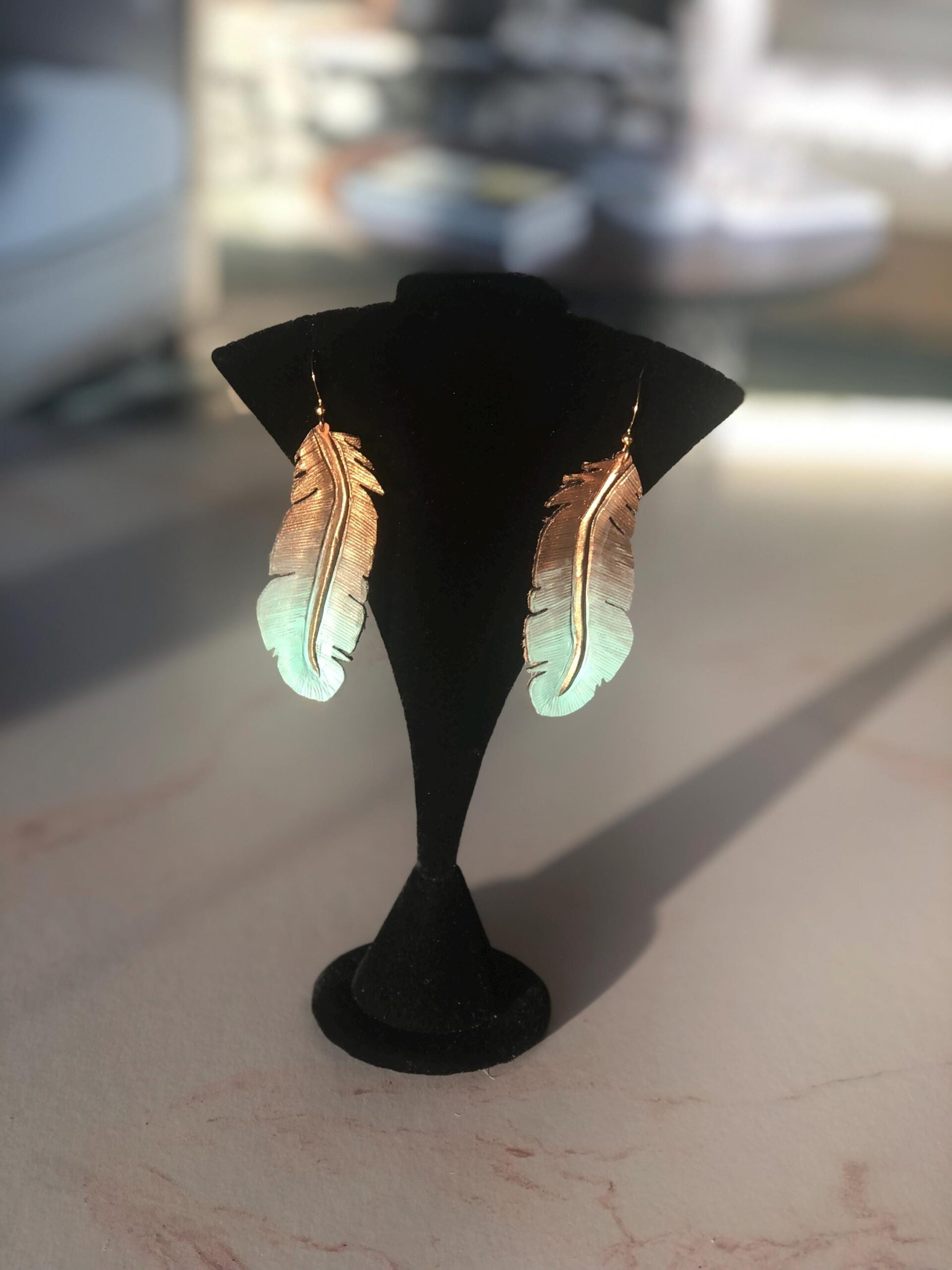 Artisan Hand painted Leather Feather Earrings, One of a Kind Boho Jewelry, Lightweight Feather Accessories, Gift for Women - Image 5