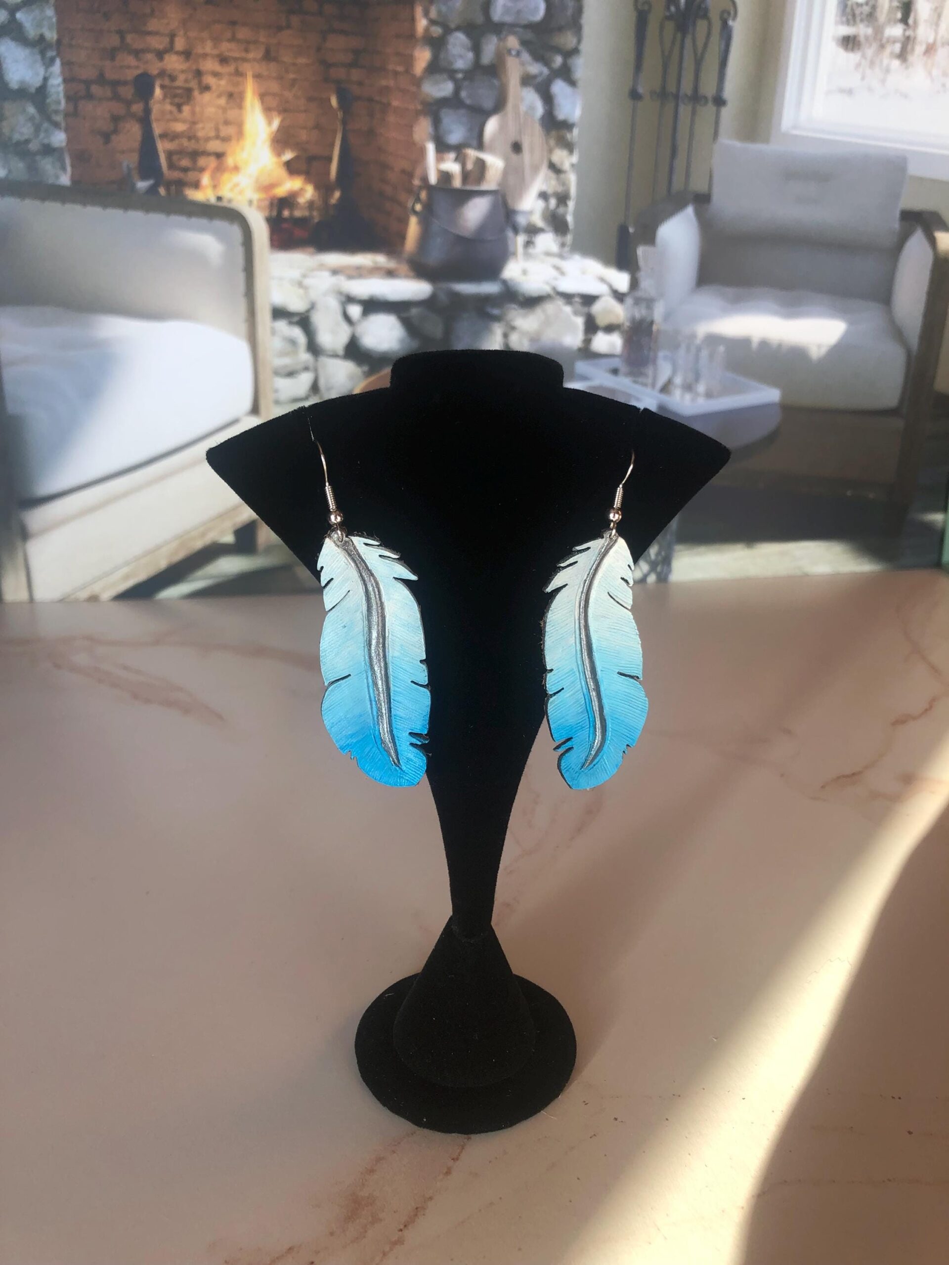 Artisan Hand painted Leather Feather Earrings, One of a Kind Boho Jewelry, Lightweight Feather Accessories, Gift for Women - Image 3