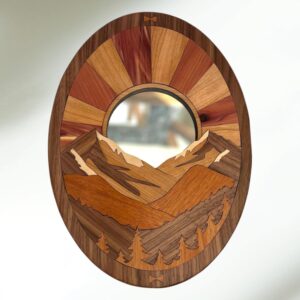 Rustic Mountain Landscape Mirror: Oval Wood & Leather Frame (12.2" x 9"). Wall decor Mirror