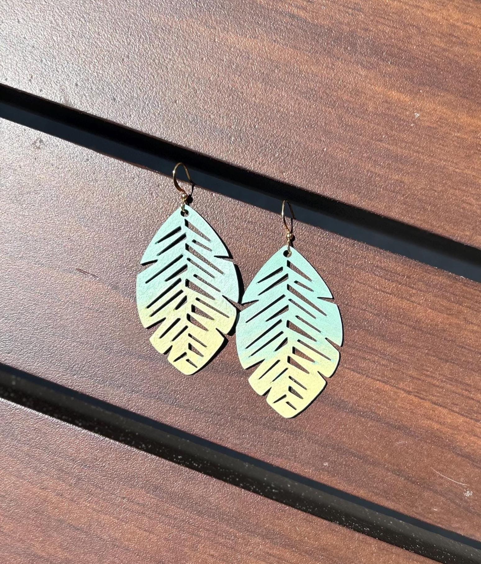 Painted Leather Leaf Earrings: Cowgirl Rodeo Jewelry - Image 2
