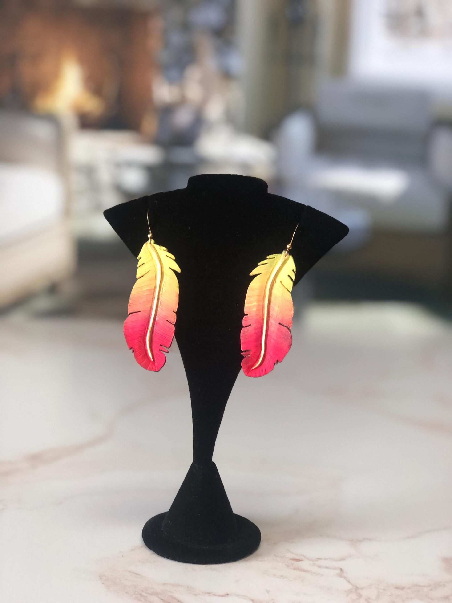 Artisan Hand painted Leather Feather Earrings, One of a Kind Boho Jewelry, Lightweight Feather Accessories, Gift for Women - Image 7