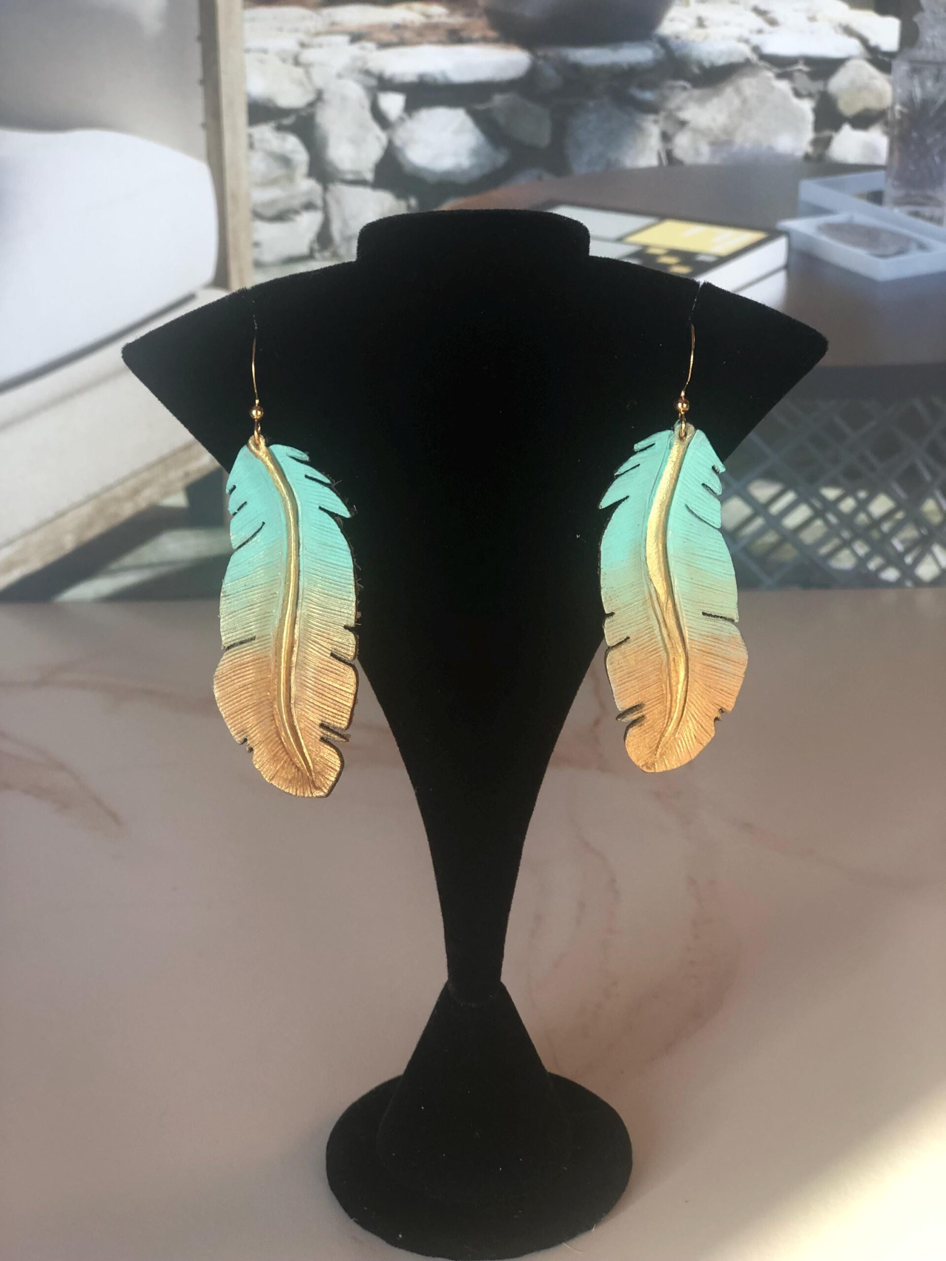 Artisan Hand painted Leather Feather Earrings, One of a Kind Boho Jewelry, Lightweight Feather Accessories, Gift for Women - Image 8