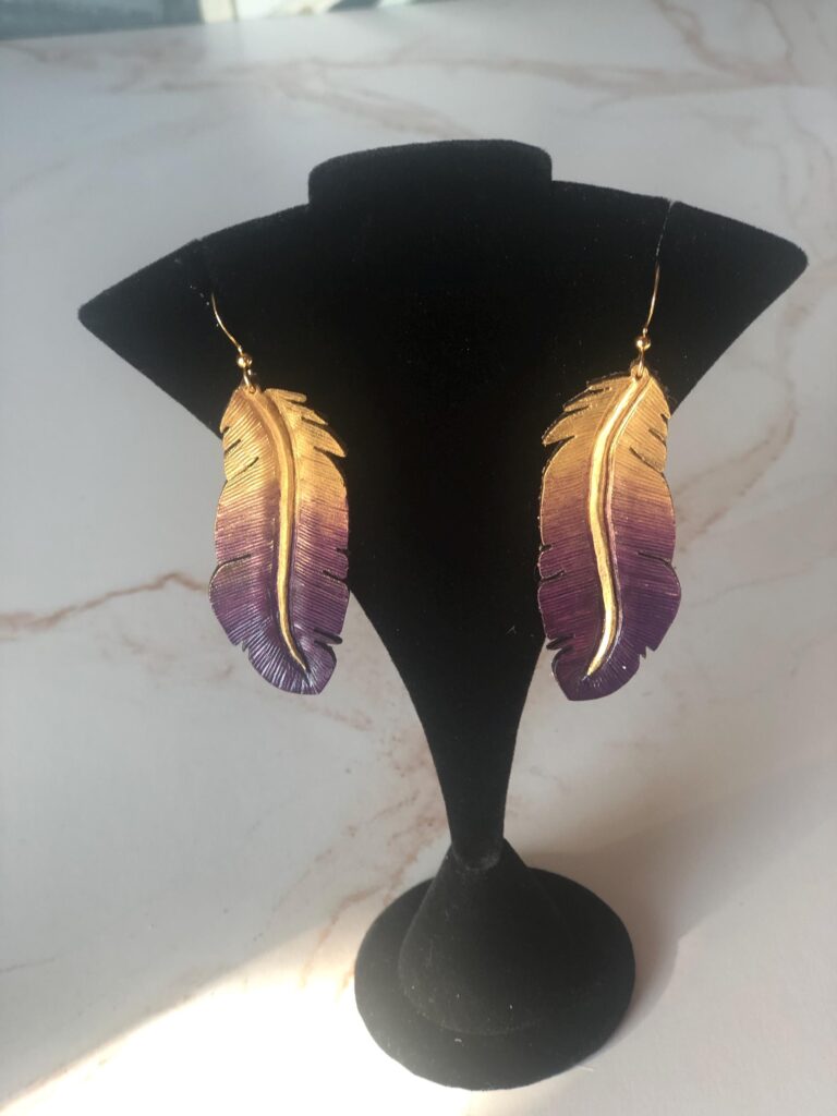 Artisan Hand painted Leather Feather Earrings, One of a Kind Boho Jewelry, Lightweight Feather Accessories, Gift for Women