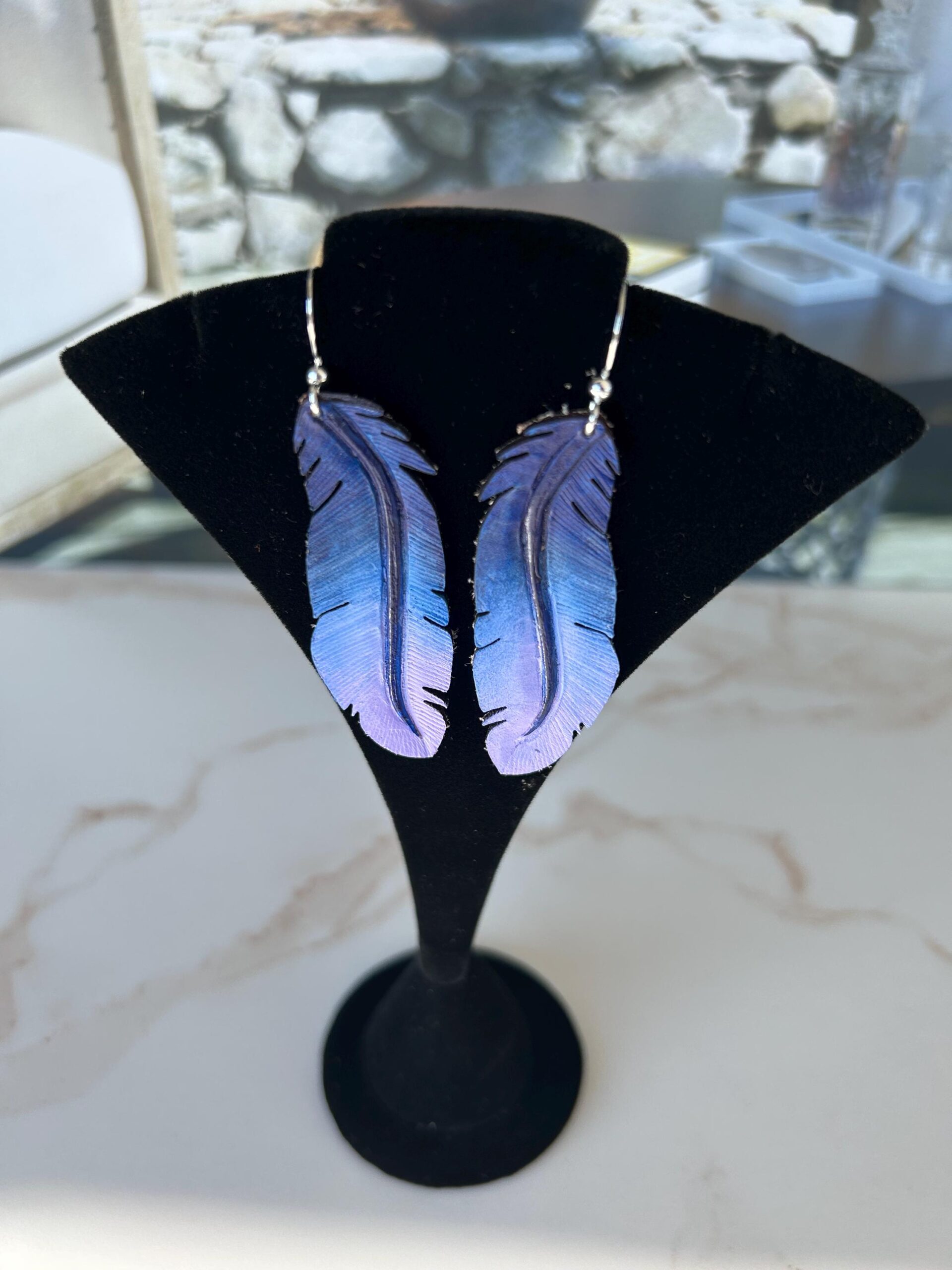 Western Leather Feather Earrings | Cowgirl Bachelorette Party Accessories in Dark Blue - Image 3
