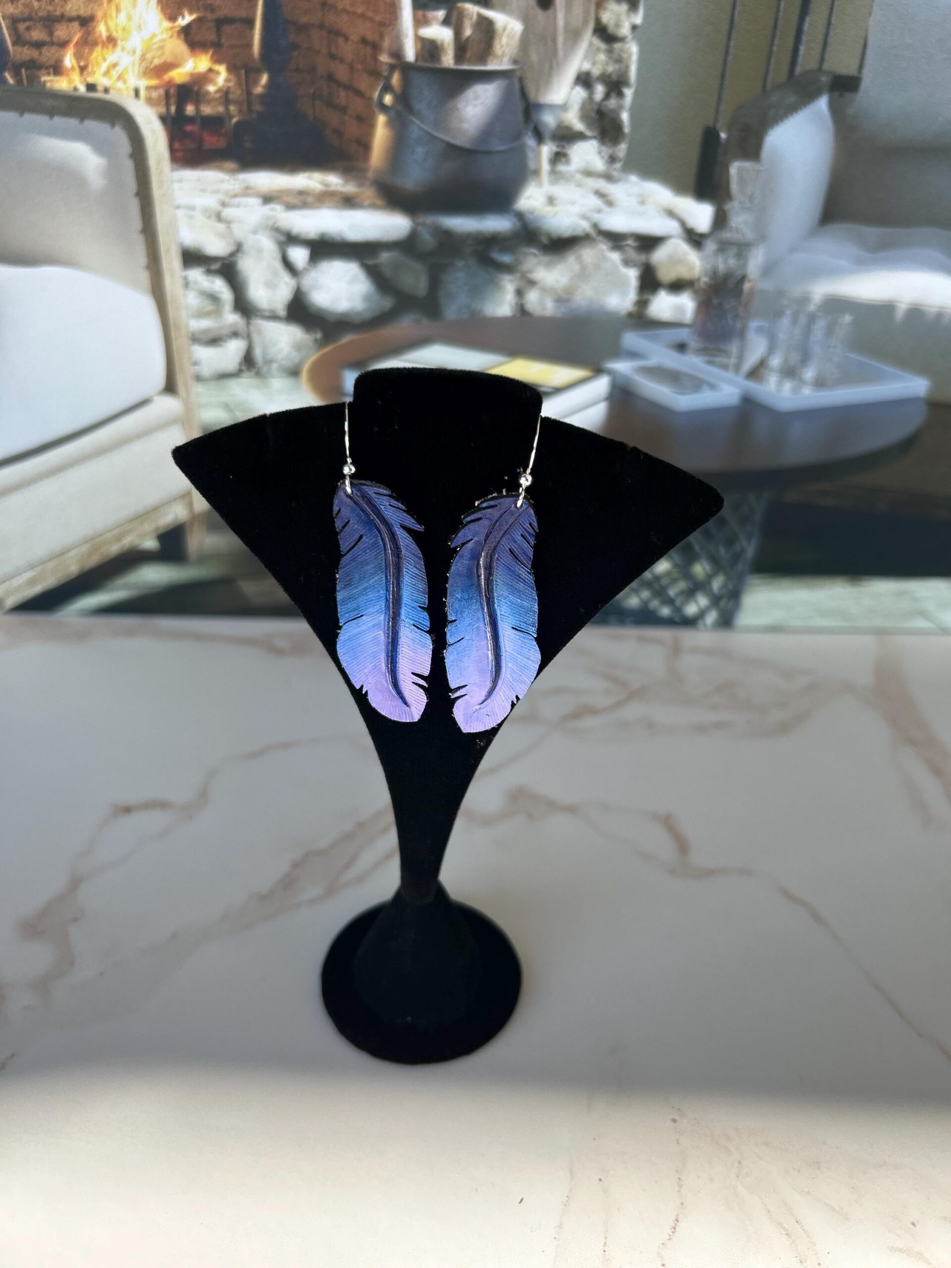 Western Leather Feather Earrings | Cowgirl Bachelorette Party Accessories in Dark Blue - Image 7