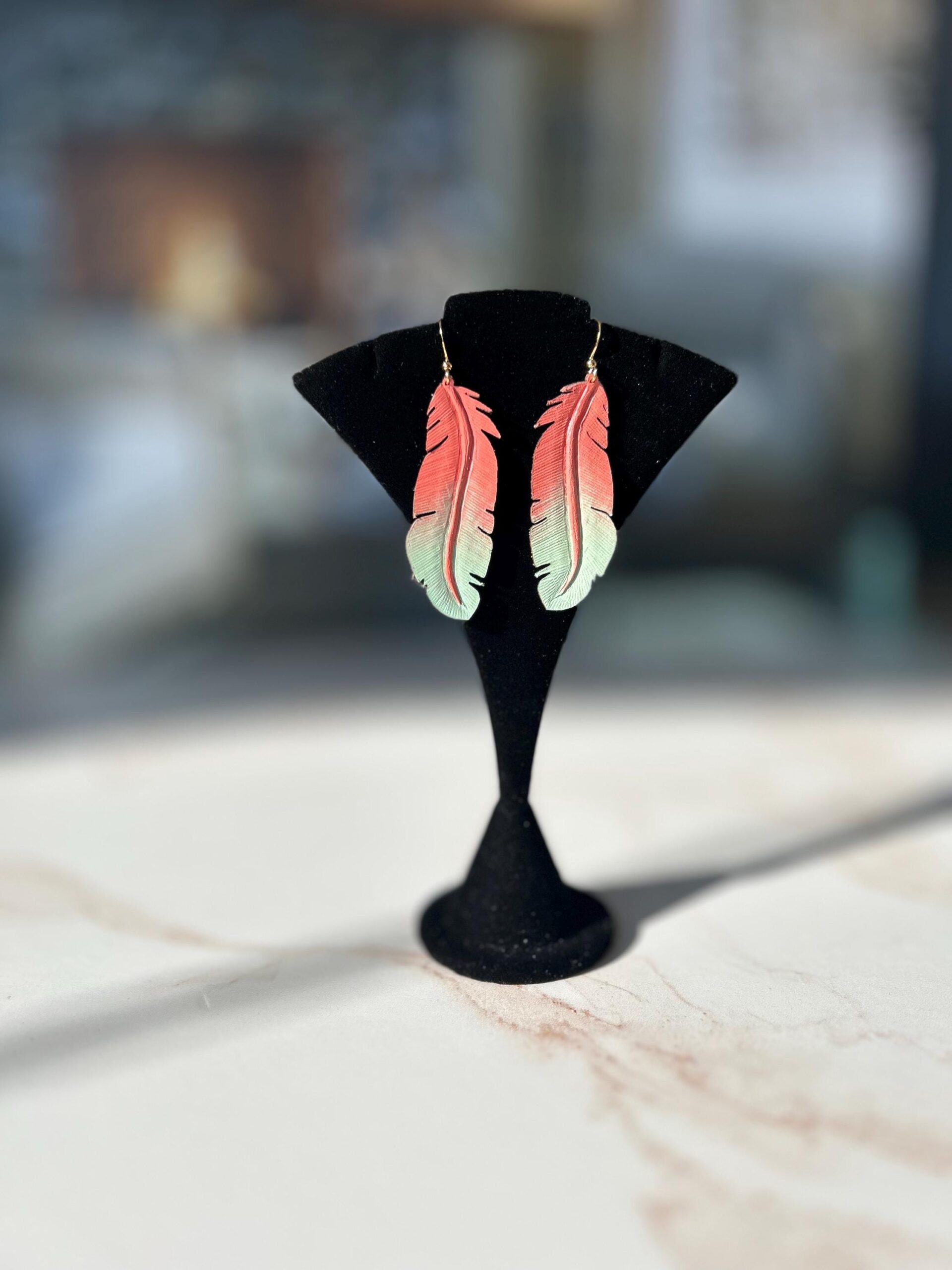 Hand Carved Leather Feather Earrings, Painted Boho Earrings, Western Leather Jewelry, Lightweight Statement Accessories, Gift for Her - Image 3