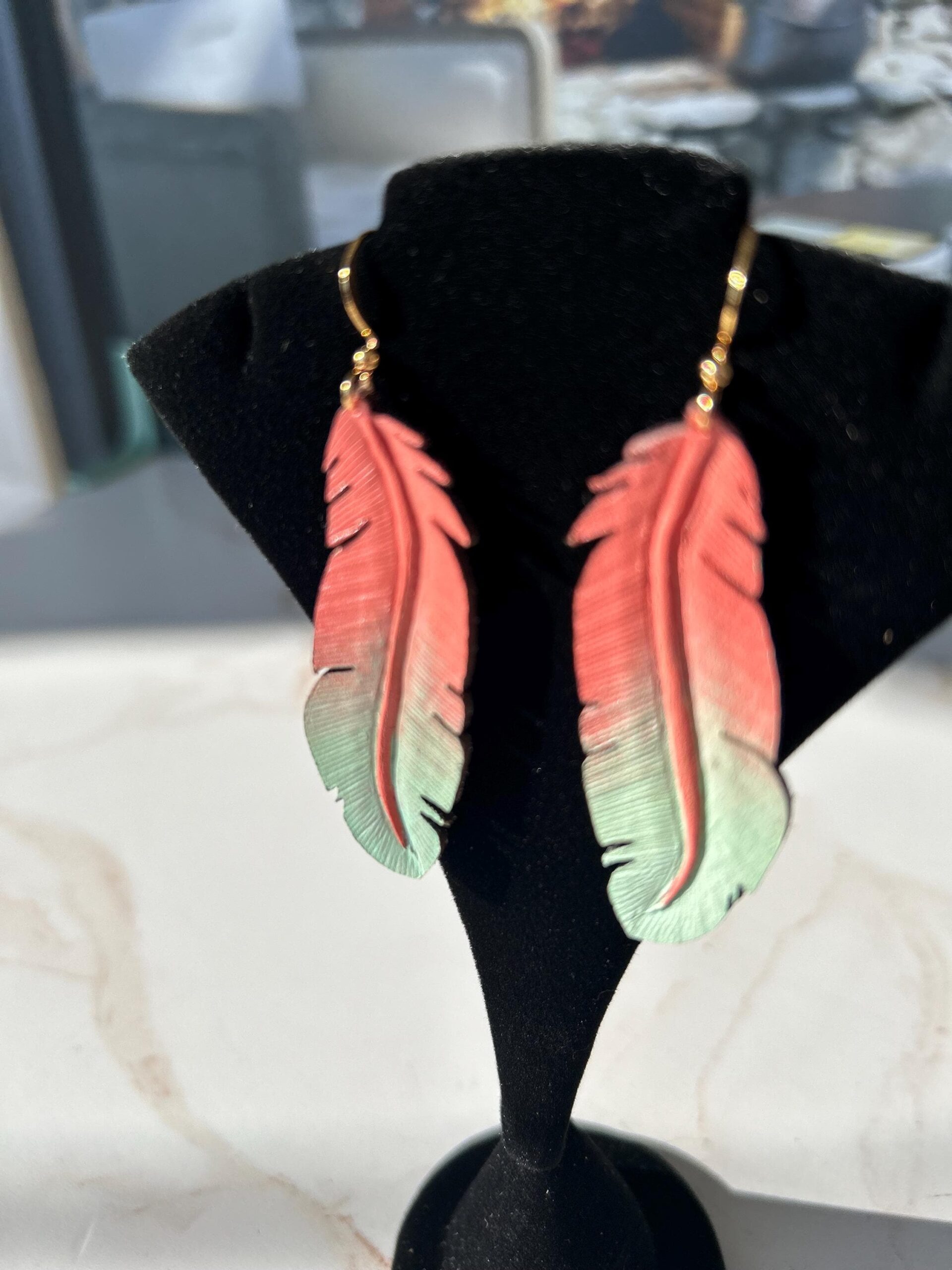 Hand Carved Leather Feather Earrings, Painted Boho Earrings, Western Leather Jewelry, Lightweight Statement Accessories, Gift for Her - Image 6