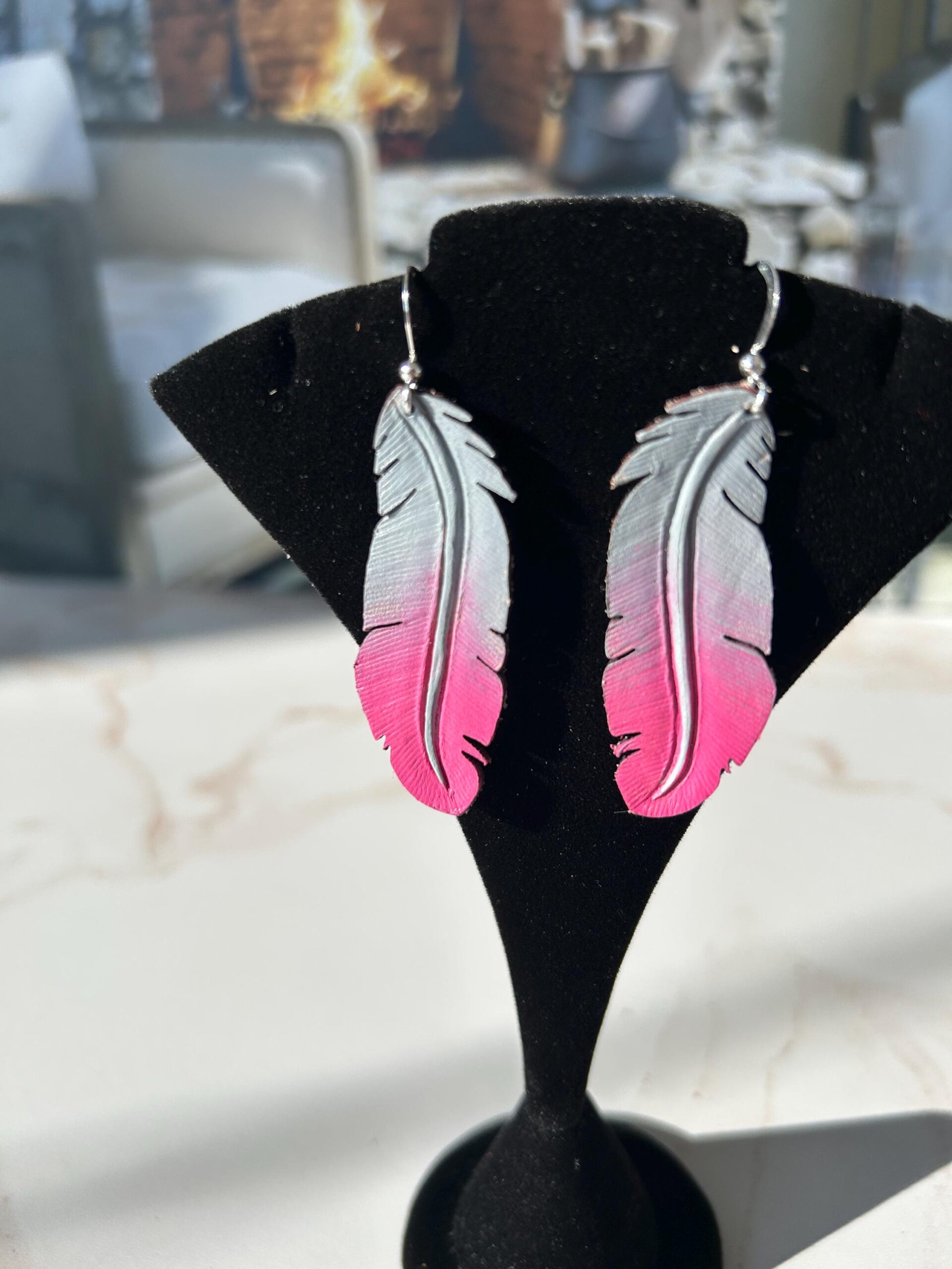 Western Leather Feather Earrings | Cowgirl Bachelorette Party Accessories in Hot Pink - Image 4