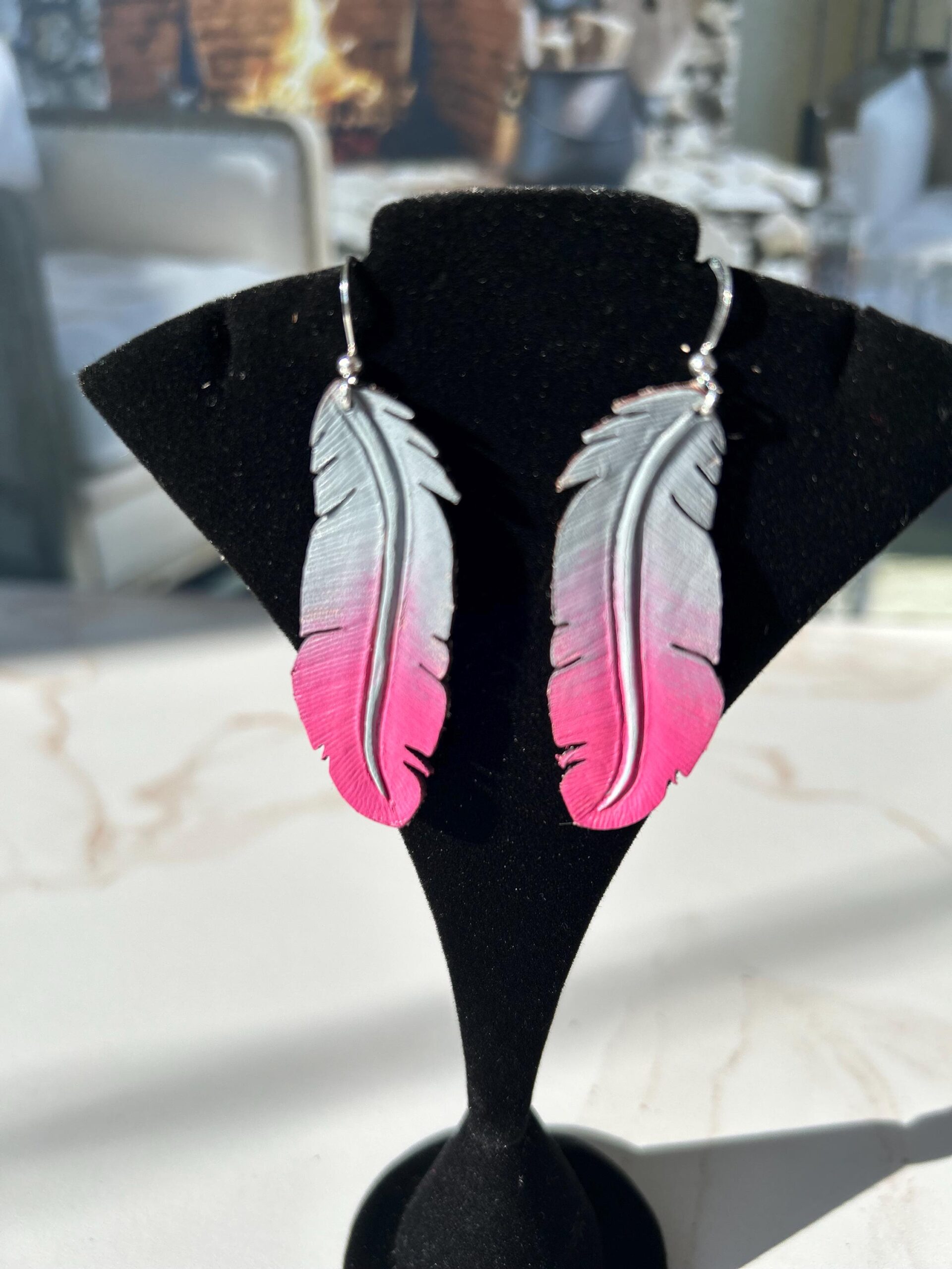Western Leather Feather Earrings | Cowgirl Bachelorette Party Accessories in Hot Pink - Image 3