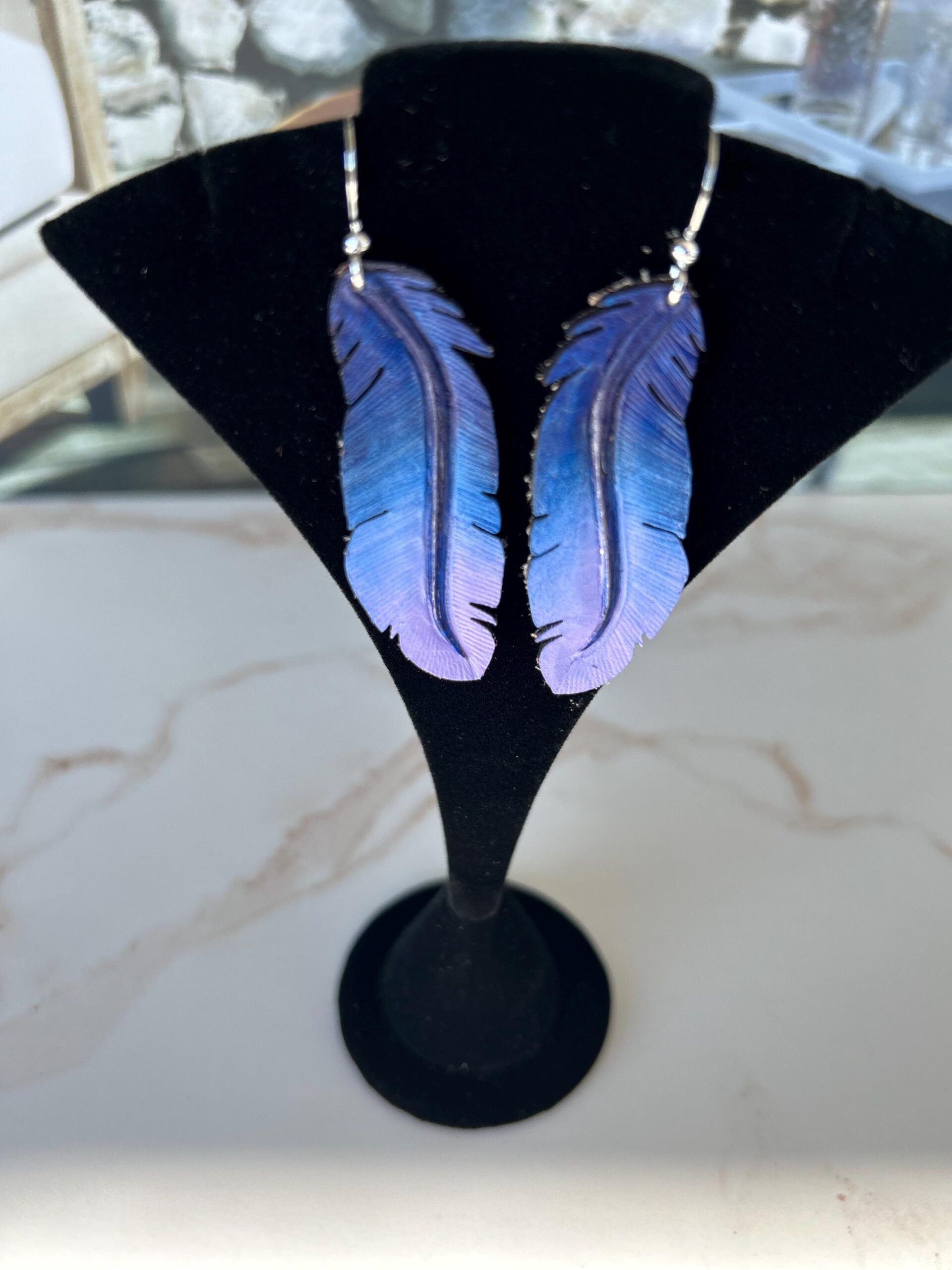Western Leather Feather Earrings | Cowgirl Bachelorette Party Accessories in Dark Blue - Image 6