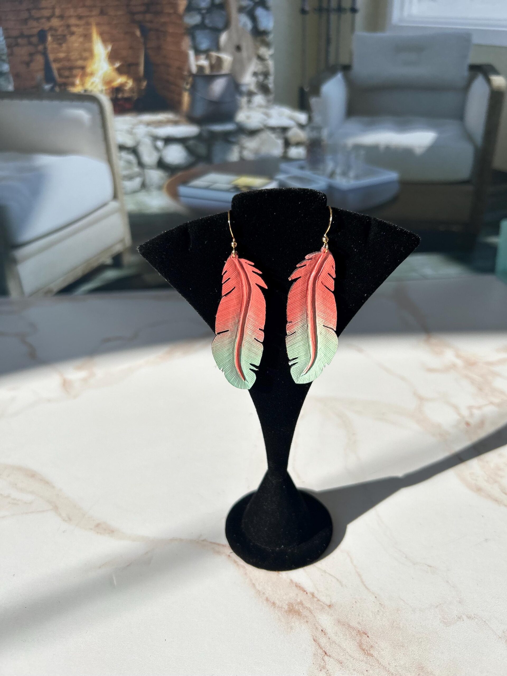 Hand Carved Leather Feather Earrings, Painted Boho Earrings, Western Leather Jewelry, Lightweight Statement Accessories, Gift for Her - Image 2