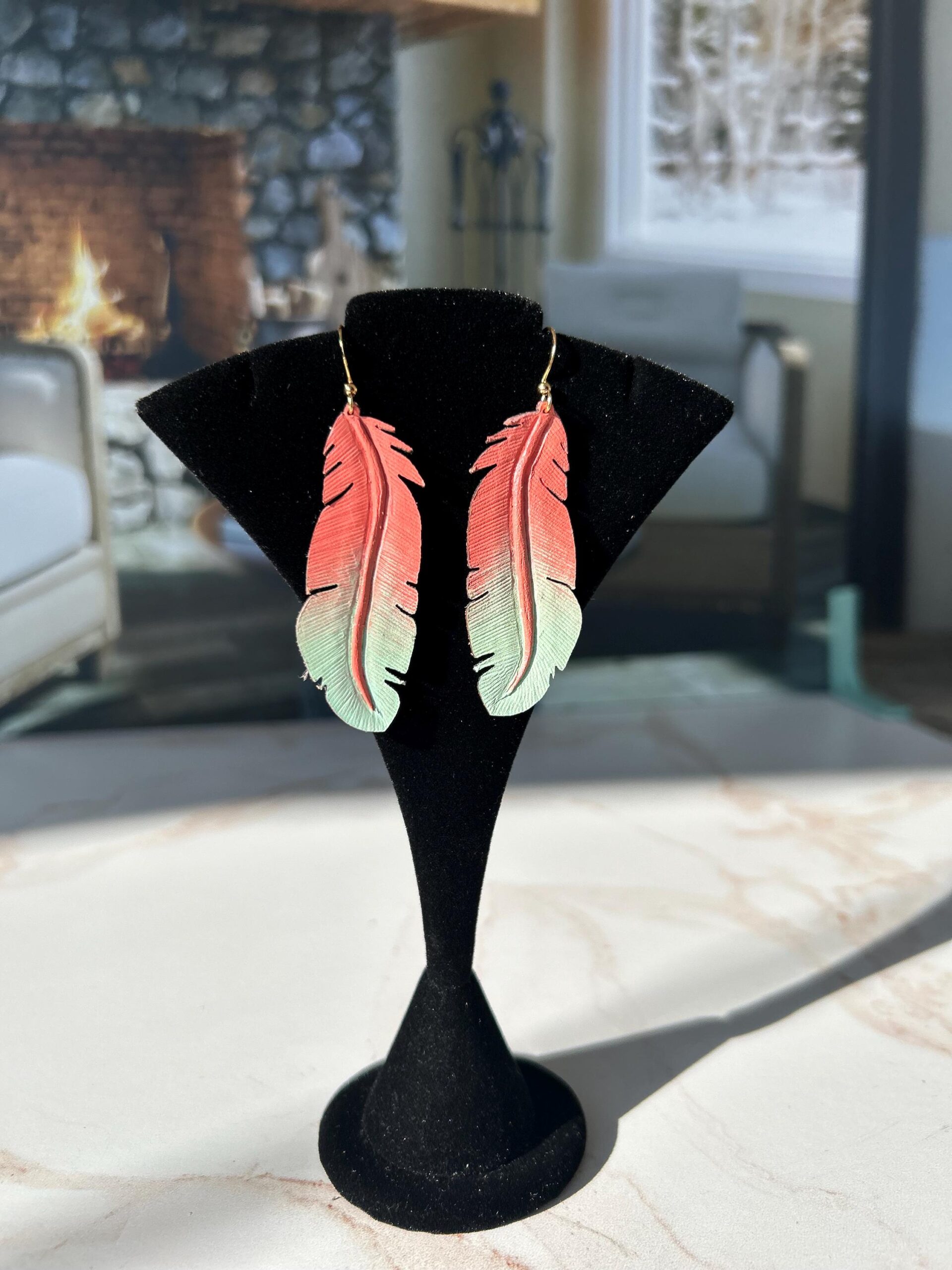 Hand Carved Leather Feather Earrings, Painted Boho Earrings, Western Leather Jewelry, Lightweight Statement Accessories, Gift for Her - Image 4