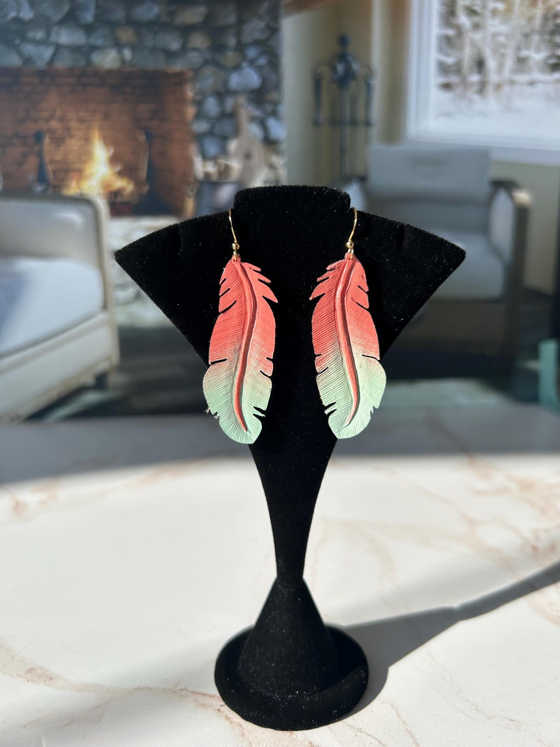 Hand Carved Leather Feather Earrings, Painted Boho Earrings, Western Leather Jewelry, Lightweight Statement Accessories, Gift for Her - Image 8