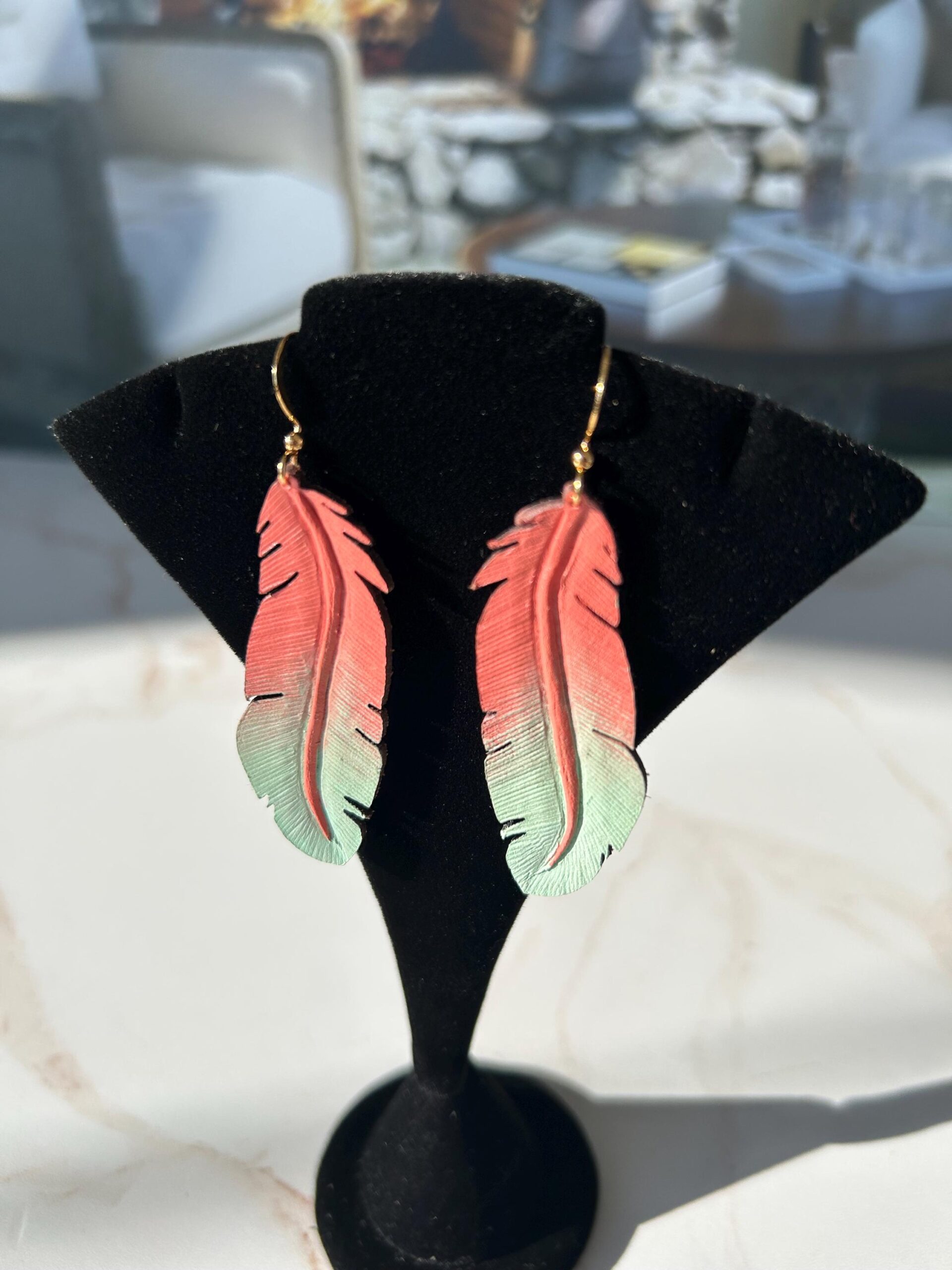 Hand Carved Leather Feather Earrings, Painted Boho Earrings, Western Leather Jewelry, Lightweight Statement Accessories, Gift for Her - Image 9