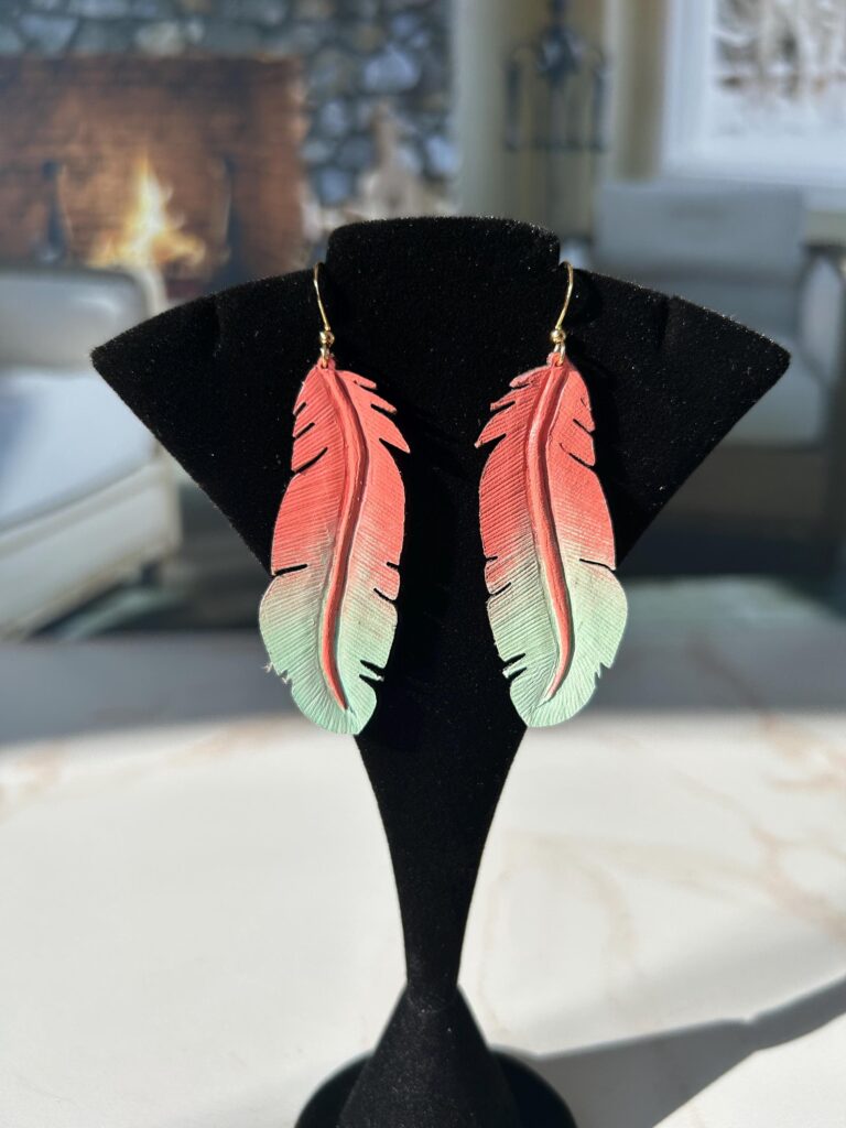 Hand Carved Leather Feather Earrings, Painted Boho Earrings, Western Leather Jewelry, Lightweight Statement Accessories, Gift for Her