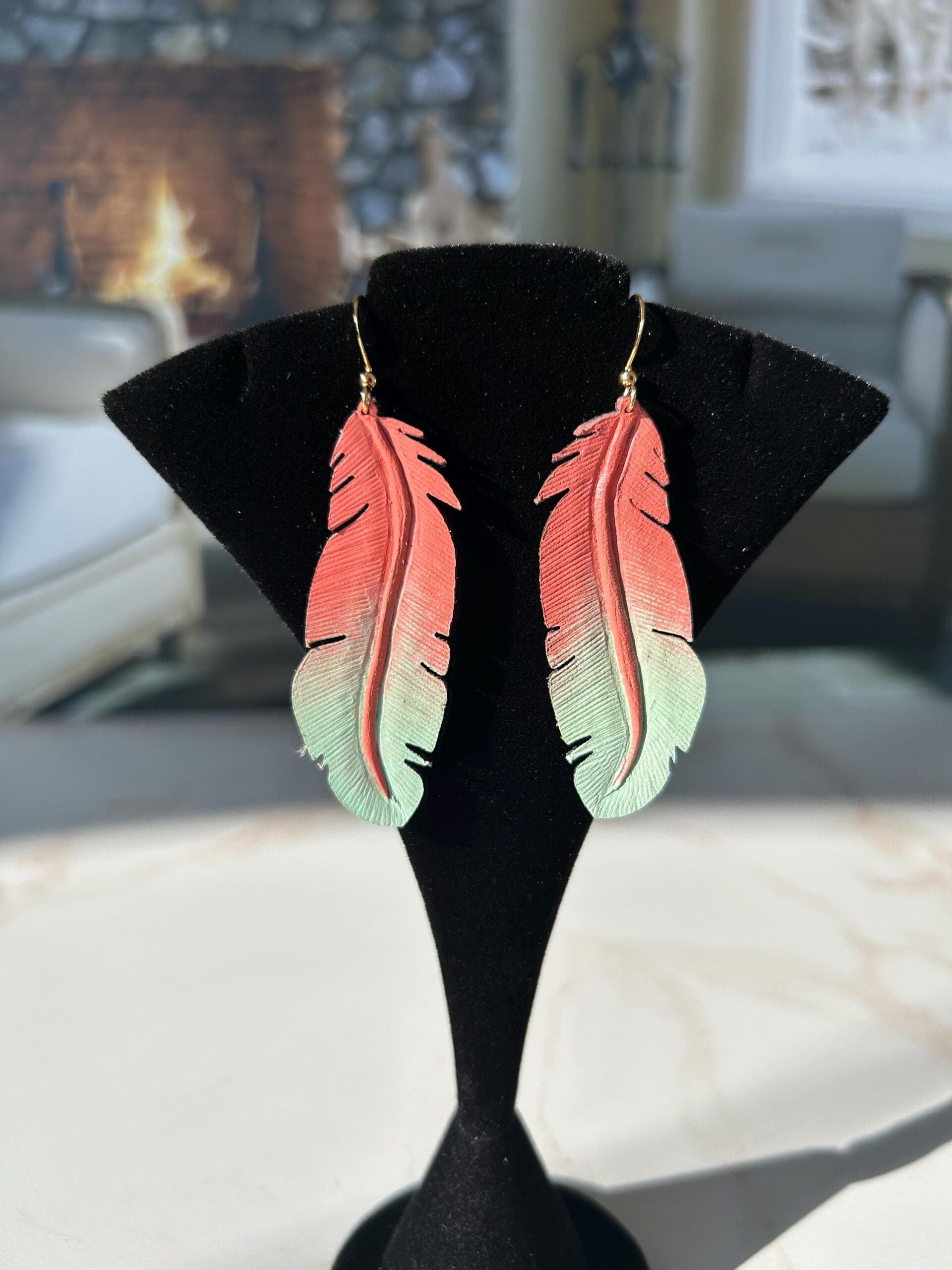 Hand Carved Leather Feather Earrings, Painted Boho Earrings, Western Leather Jewelry, Lightweight Statement Accessories, Gift for Her