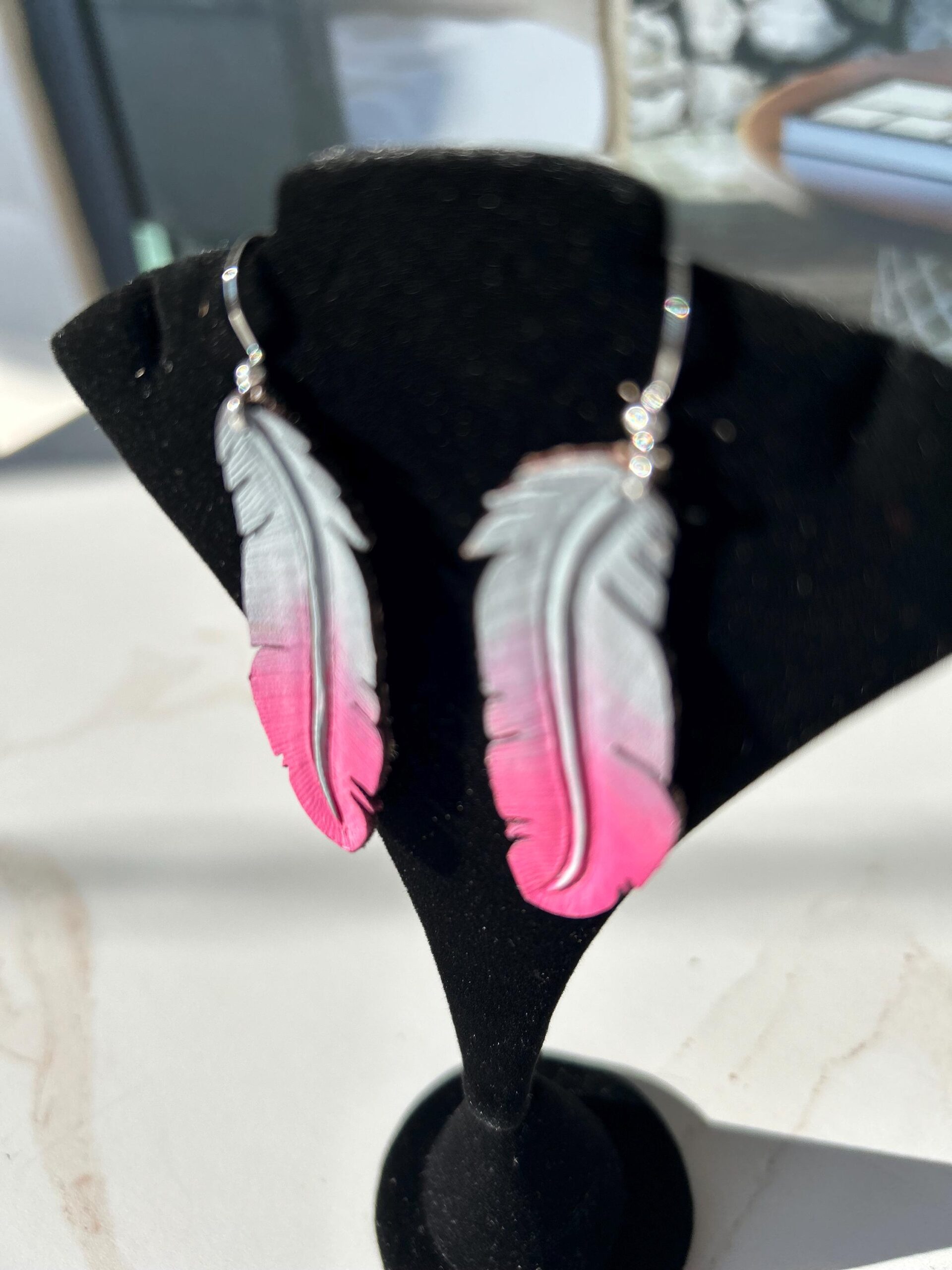 Western Leather Feather Earrings | Cowgirl Bachelorette Party Accessories in Hot Pink - Image 2