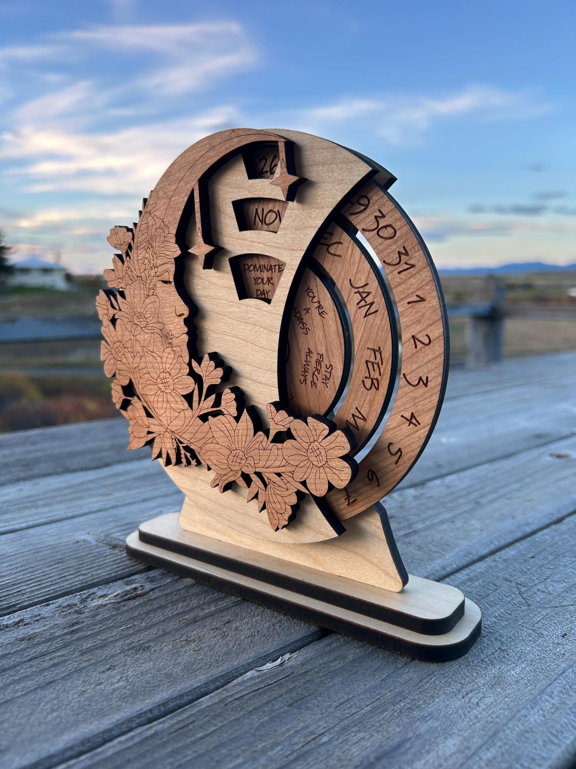 Wooden Perpetual Calendar – Floral Rotating Desk Calendar with Inspirational Quotes, Rustic Office Decor, Reusable Gift - Holiday Desk Gift - Image 2
