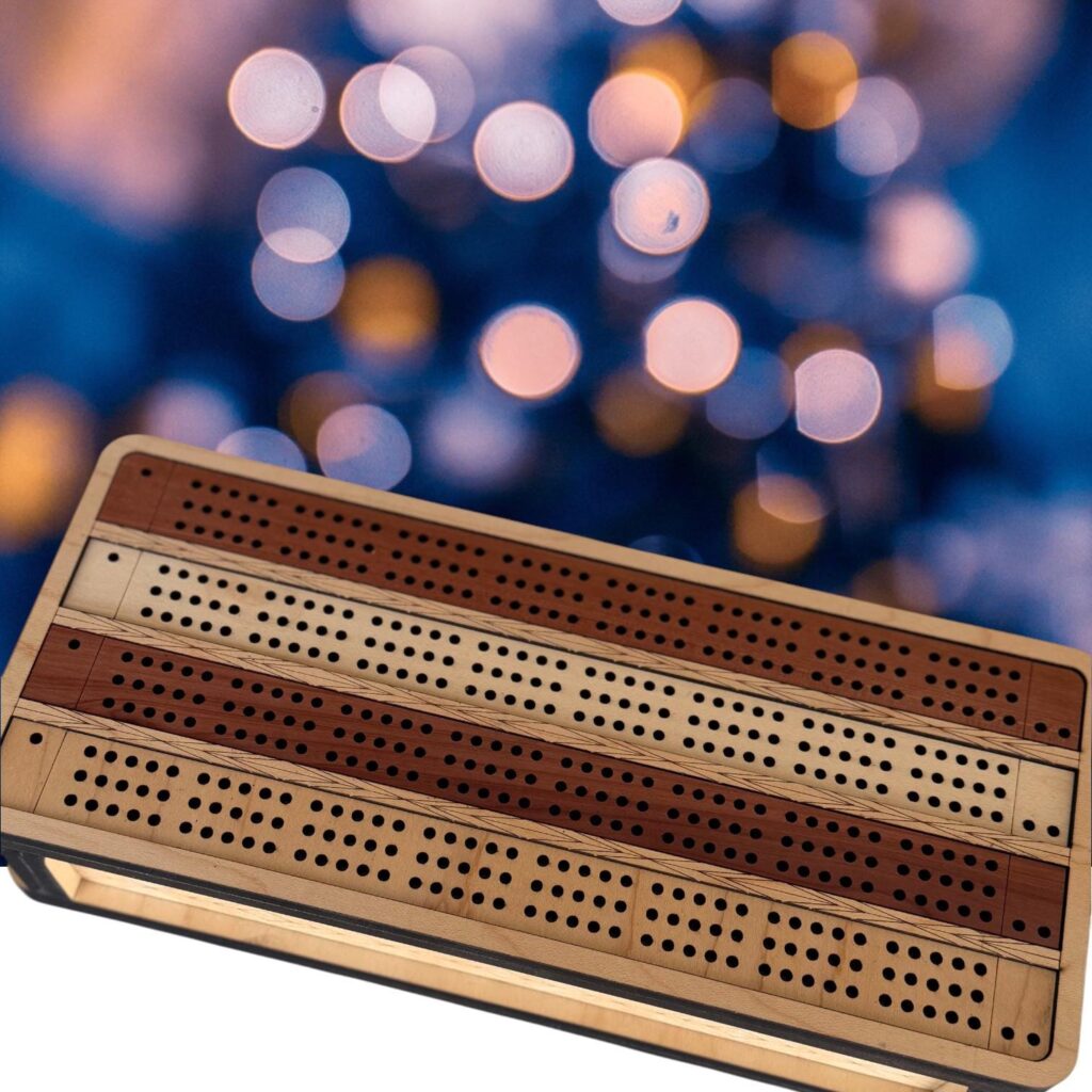 Custom Cribbage Game with Card & Peg Storage, Engraved Family Game for Road Trips, Cabins, Groomsmen Gifts, 4-Track Board, Heirloom Gift