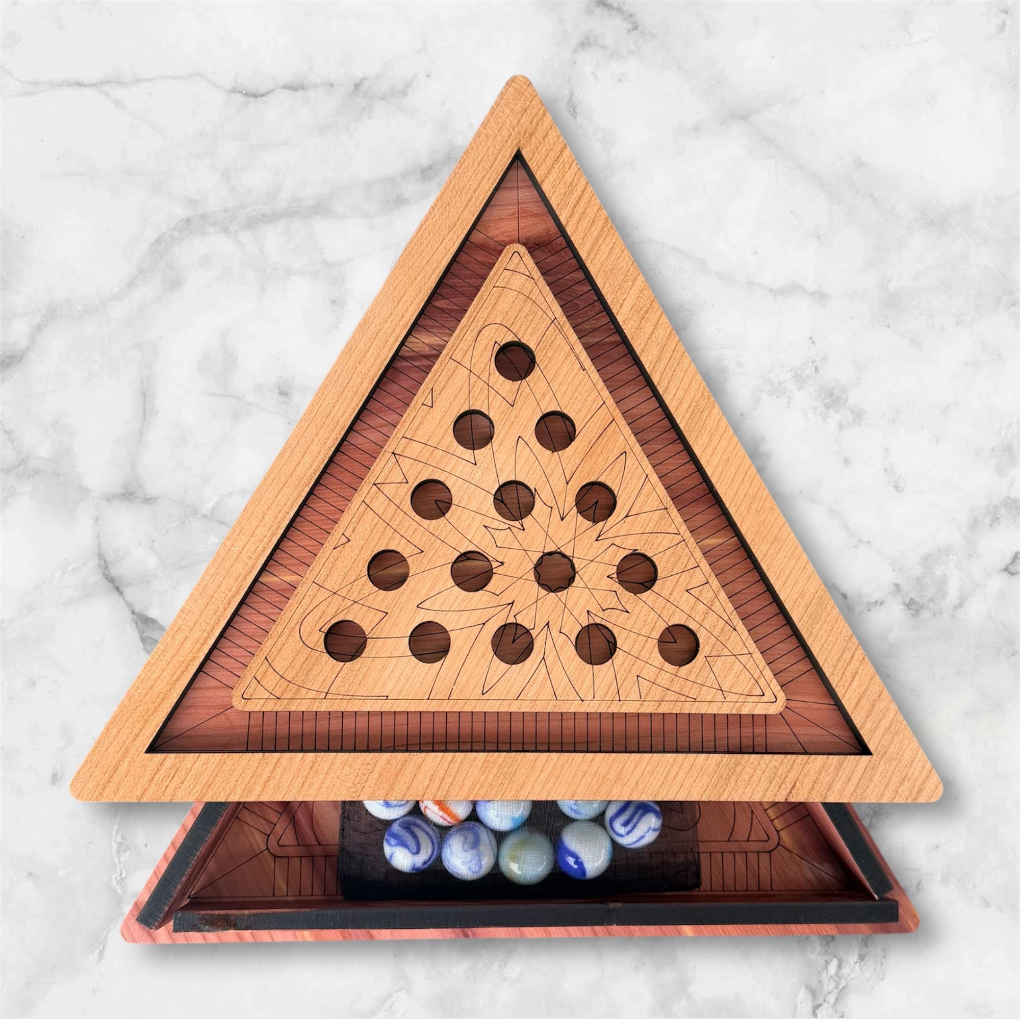 Handcrafted Wooden Triangle Solitaire Game – Heirloom Gift | Geometric Brain Teaser | Artisan Wood Gift | Rustic Home Decor