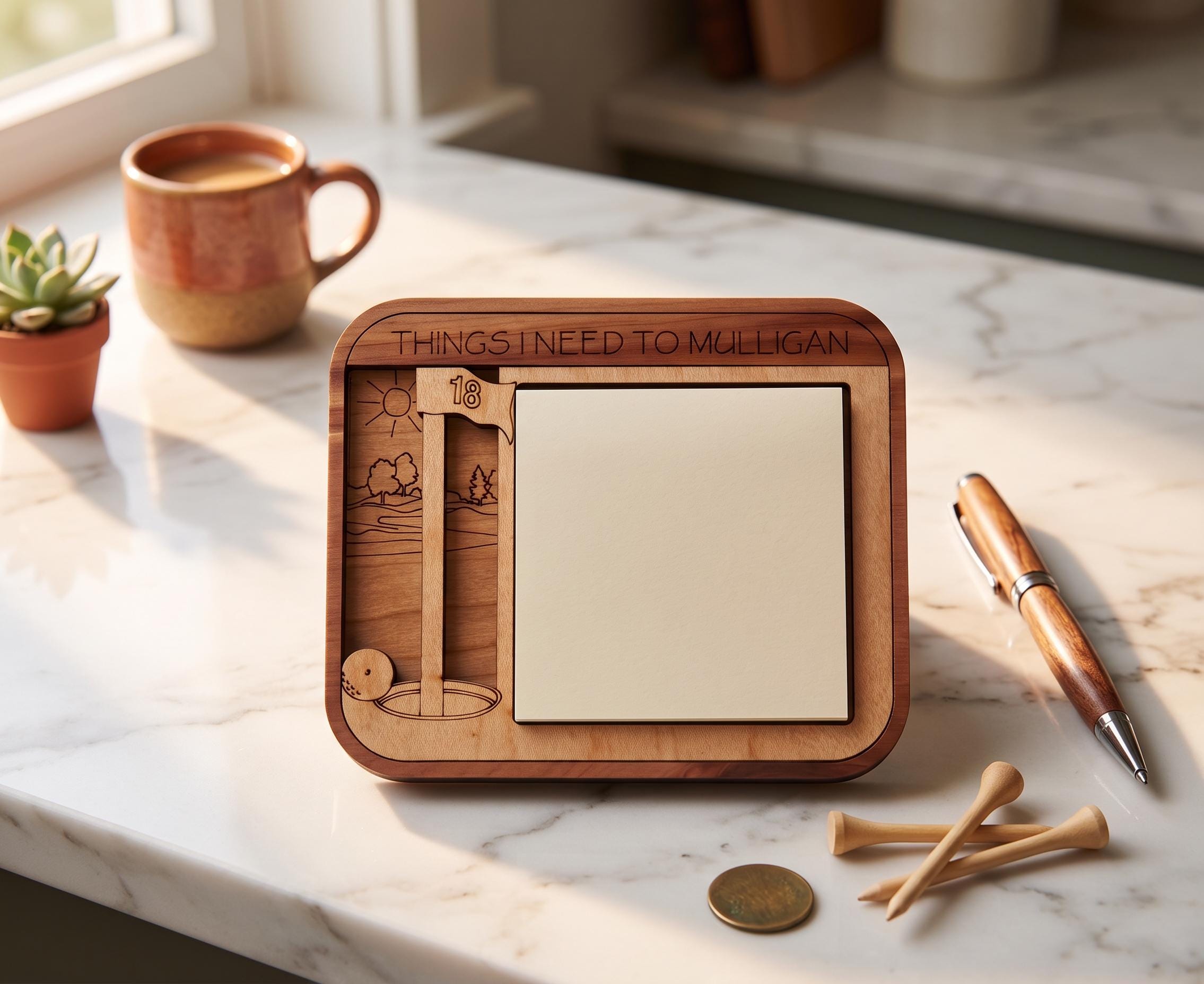Hobby Wooden Sticky Note Holder | Engraved Desk Organizer | Gift for Readers, Gardener, Cook | Rustic Office Decor | Personalized Golf Gift