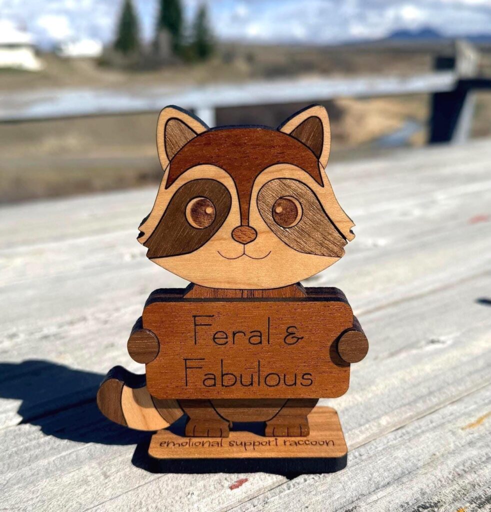 Emotional Support Raccoon | Funny Wooden Animal Desk Decor | Inspirational Wood Signs | Unique Coworker Gift | Rustic Affirmation Decor